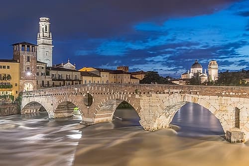 Italy-Verona Ponte Pietra (Roman Bridge) at Twilight Art Print